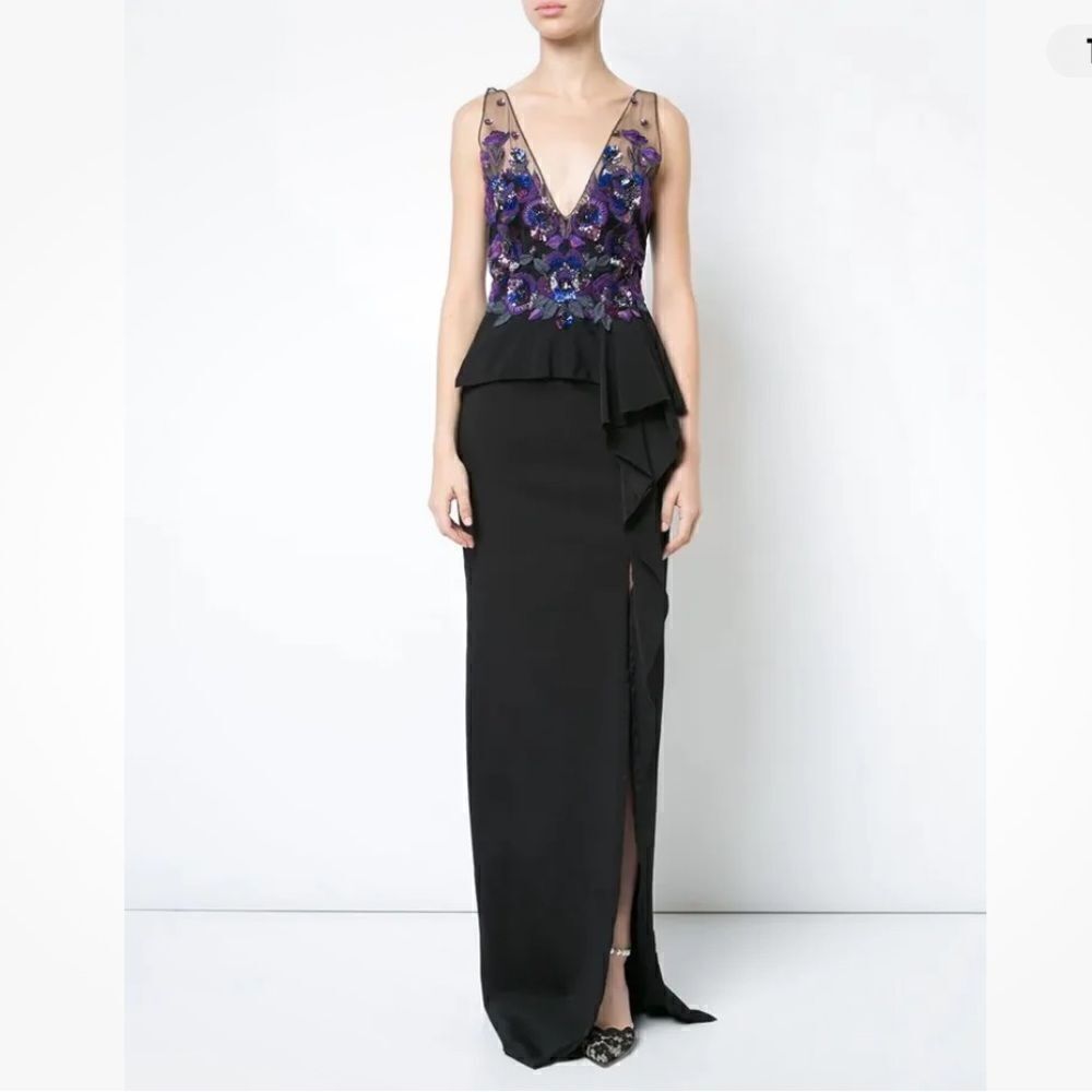 Marchesa Notte Floral Beaded Embroidered Column Gown Maxi Dress NEW Size 10